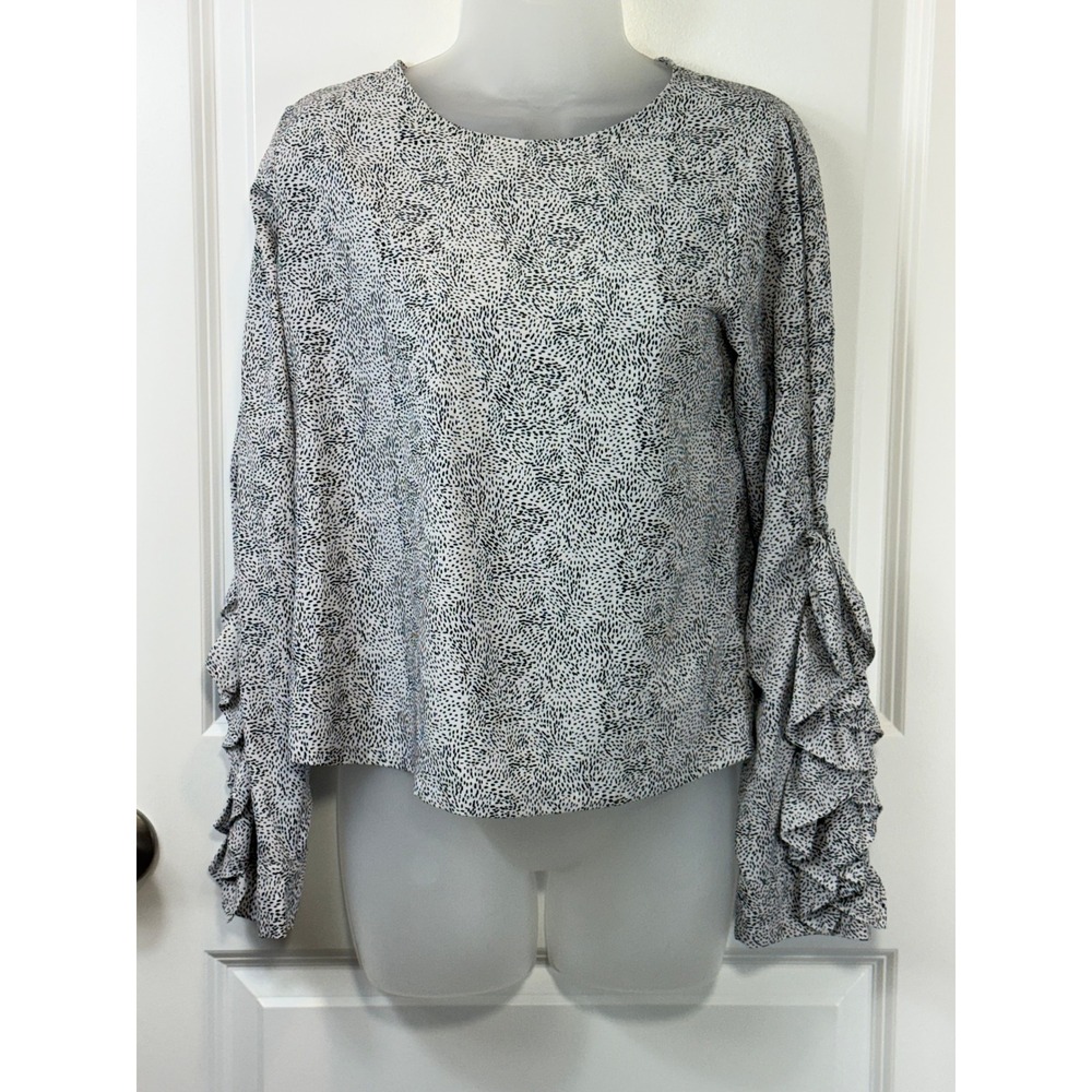 A New Day Black White Dalmatian Dot Ruffle Sleeve Cold Shoulder Blouse Small S‎